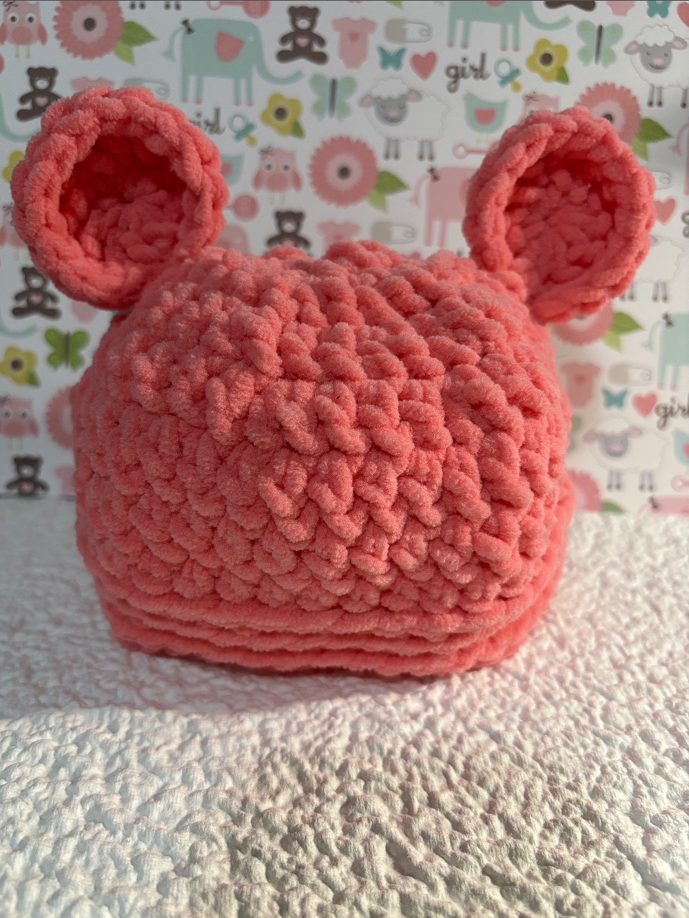 Plush Coral Pink Baby Bear with Ears Beanie - Kids Accessories